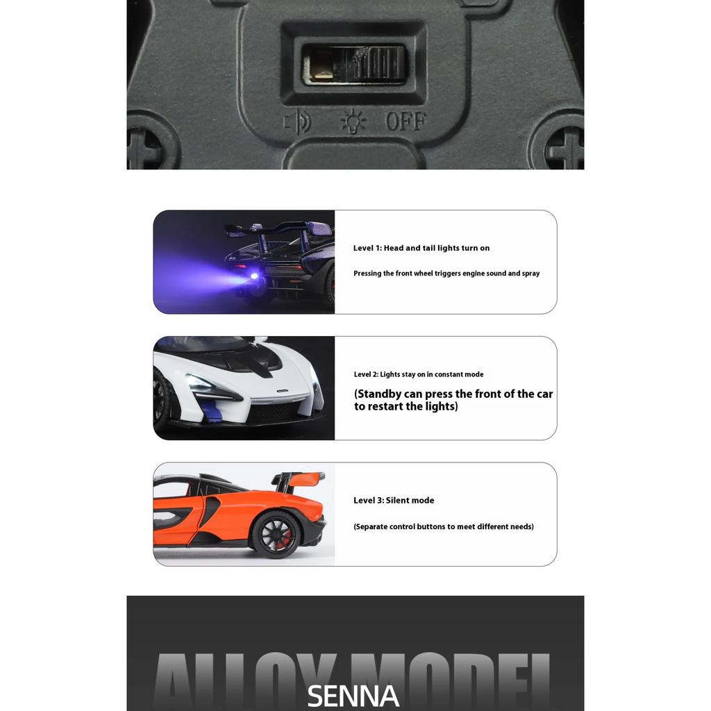1/24 McLaren Senna Spray Sports Car Model Simulation Sound and Light Car Model Ornament Boy Gift Halloween Toys