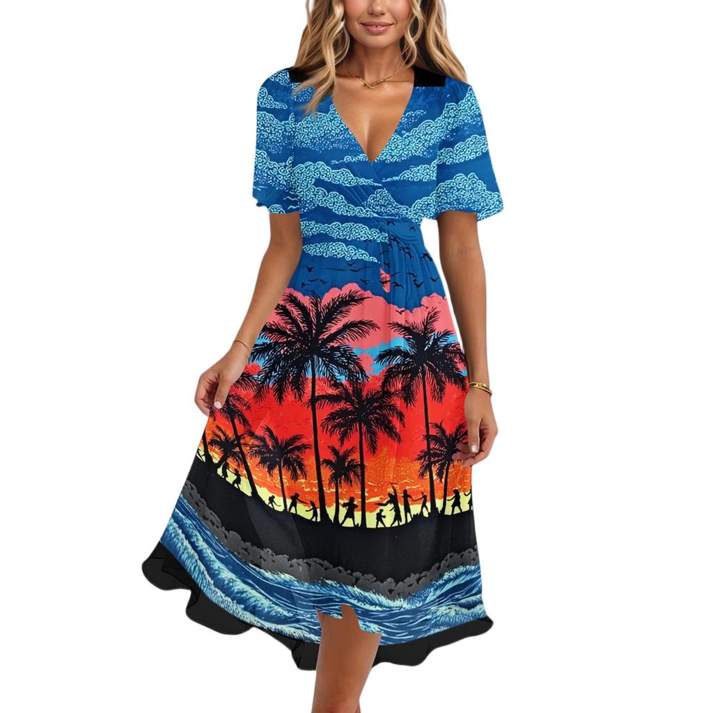 Women's Fashion Casual V Neck Short Sleeve Ruffled Vintage Printed Dresses