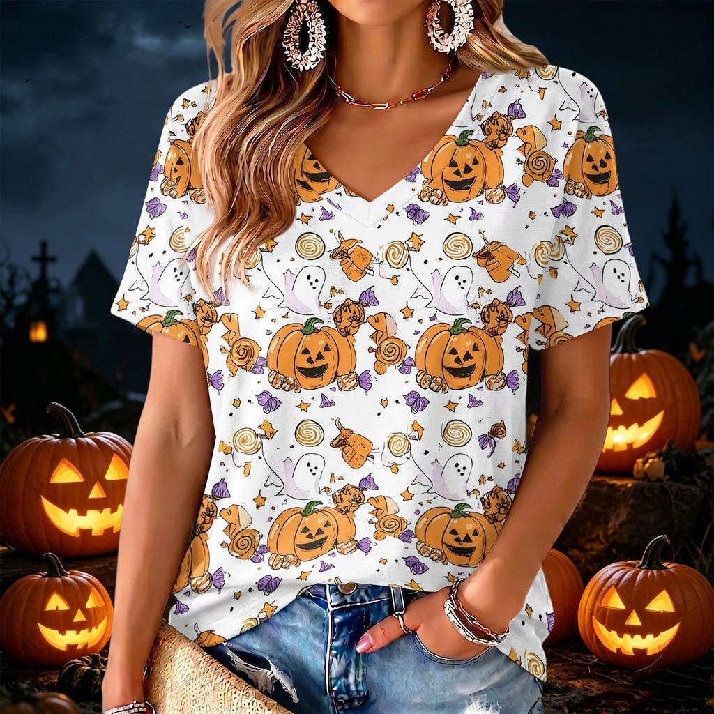 Women's V-Neck Halloween Print Lightweight Blouse for Spring and Summer Casual Wear