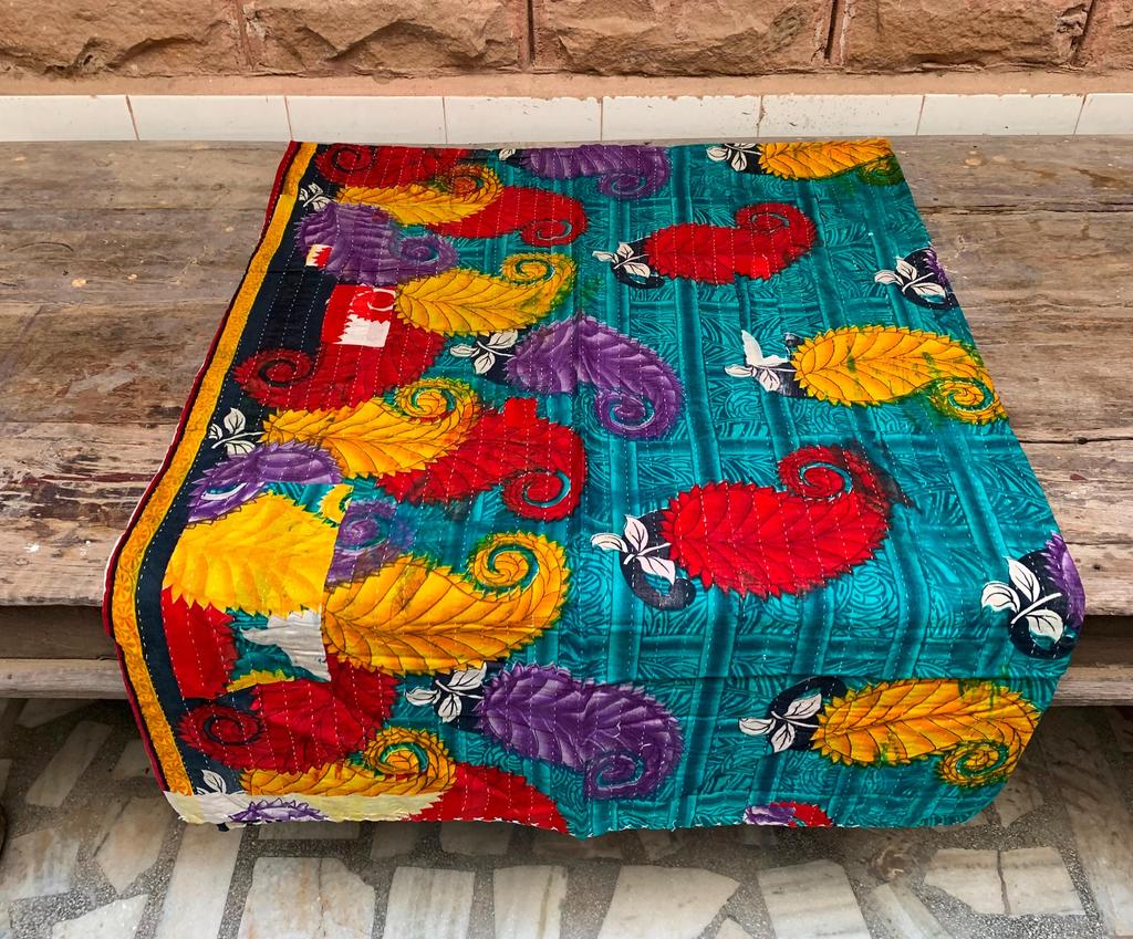 Vintage Kantha Quilt: Handmade Indian Patchwork Throw Blanket, Colorful Blue Ethnic Throw