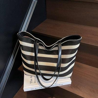 2025 Large Capacity Black & White Striped Woven Tote: Lightweight Single Shoulder Bag for Women, Perfect for Vacation & Shopping.