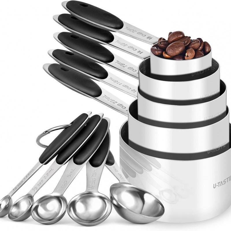 10-Piece Stainless Steel Measuring Cups and Spoons Set for Coffee, Seasoning, and Baking.