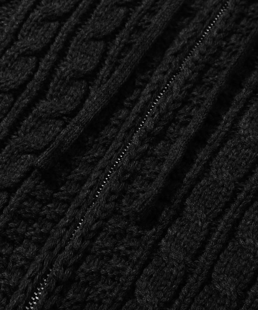 TRILLION Washable Aran Cable Hooded Zip-Up Knit (Pure Black)