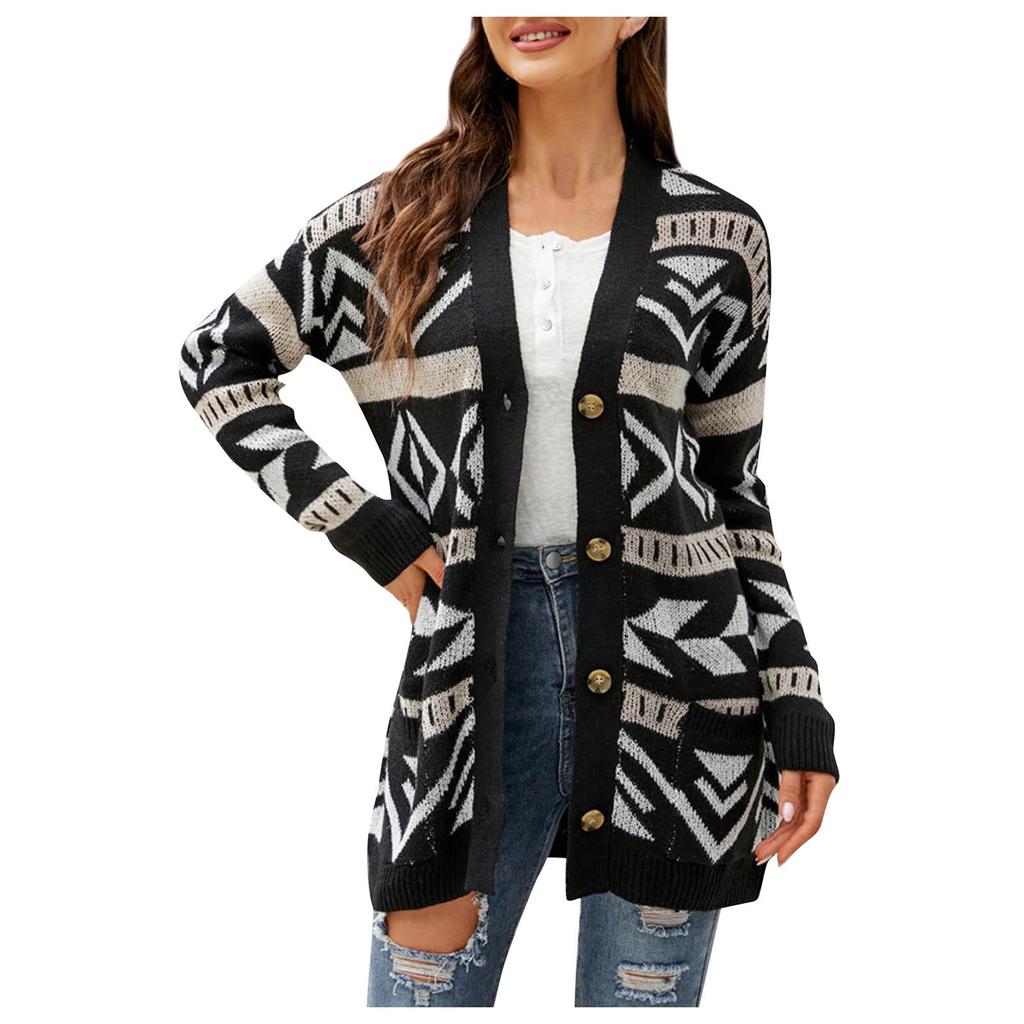 Women's Fashion  And Winter Temperament Lozenge Loose Sweater In Long Knit Cardigan Coat