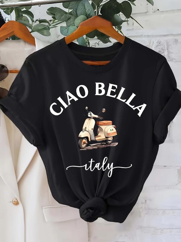 Print Polyester Blend Spring Summer Top Italian Lemon Womens Crew Neck TShirt Casual Short Sleeve Letter Aesthetic Clothes