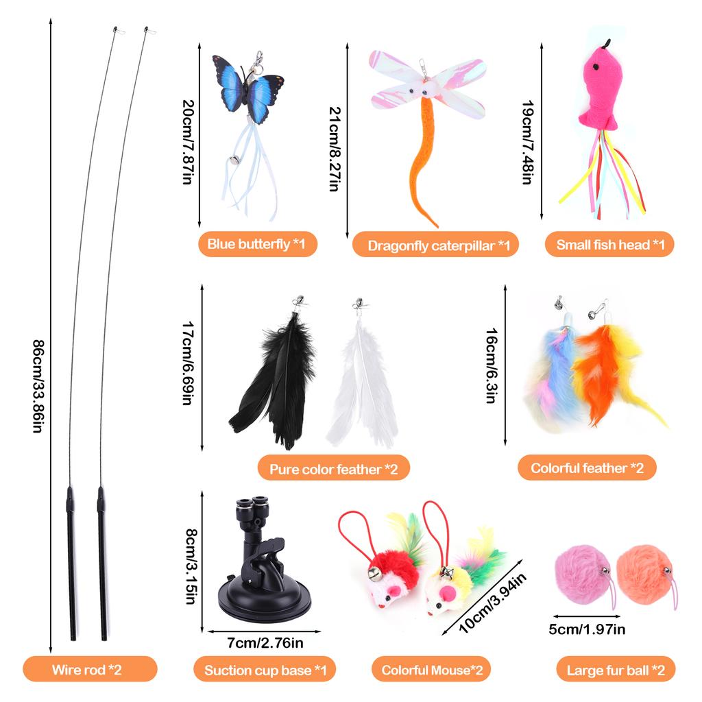 13Pcs Interactive Cat Toy Set Suction Cup Teaser Stick Detachable 22LBS Strong Suction Handfree Feather Toy for Cat Training