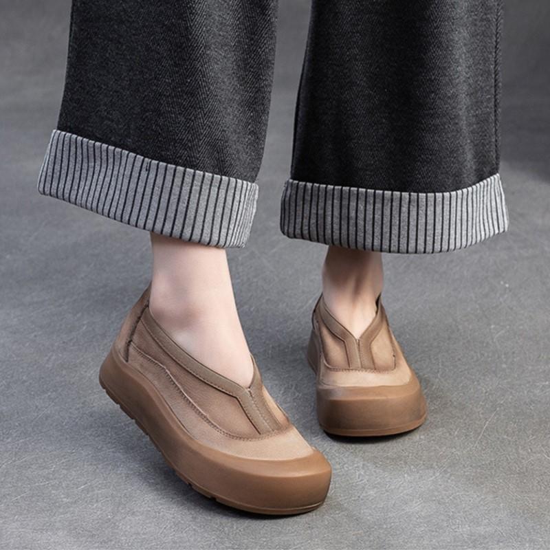 Johnature Genuine Leather Thick Soled Round Toe Loafers Retro Comfortable Women's Flat Platform Shoes