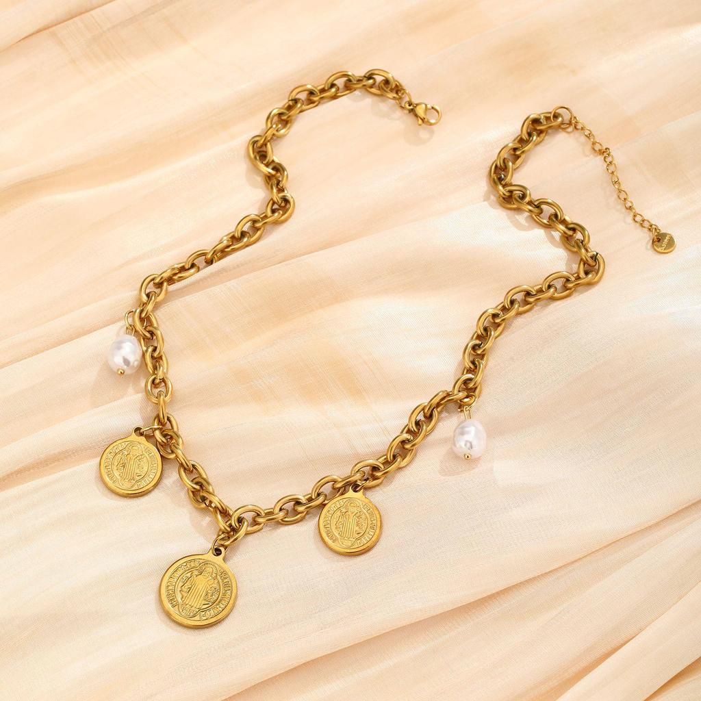 French Baroque Pearl & Gold Coin Stainless Steel Necklace for Women - High-End Feel, Retro Light Luxury Design