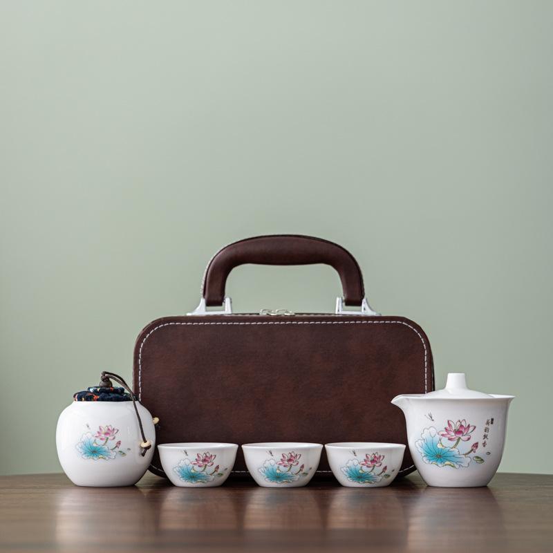 Chinese Style Portable Travel Ceramic Tea Set Household Outdoor Tea Brewing Vintage Kung Fu Teapot and Tea Cup Set Gift Box Set