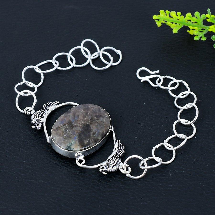 Larvikite Stone Gemstone Handmade 925 Sterling Silver Bracelet 7-8" s4D04