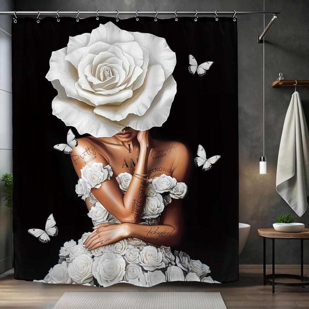 African American Olive Green Shower Curtain Black Girl Flower Oil Painting Art Bathroom Accessories Decoration with 12 Hooks