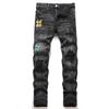 Style Coréen Noir Slim Stretch Percée Moulant Brodé Jeune Slim Jean Homme 8271