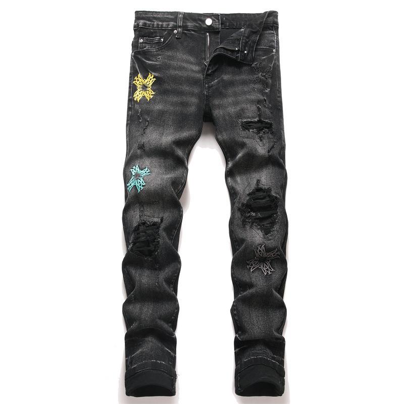 

Style Korean Black Slim Stretch Breakthrough Close-fitting Embroidered Young Slim Mens Jeans 8271 30 чорний