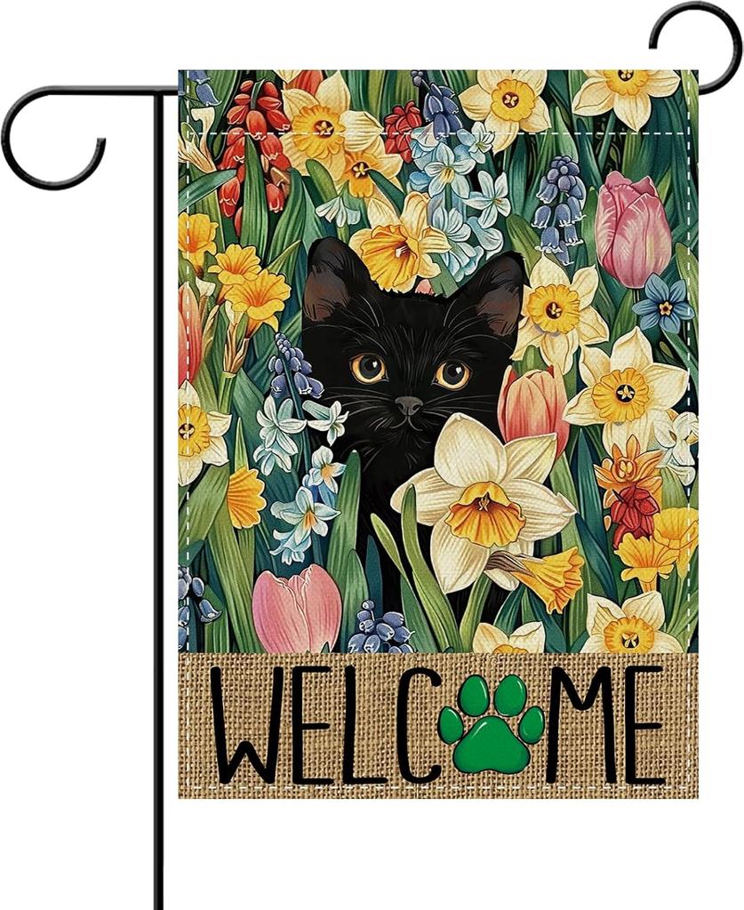 Dyrenson Welcome Spring Black Cat Oral Decorative Garden Ag, Daffodil Tulip Ower Yard Outside Home Decoration Pet Cat IIC