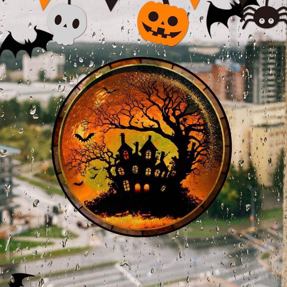 PVC Halloween Glass Stickers Horror Castle Cat Static Film Glue Free   Window