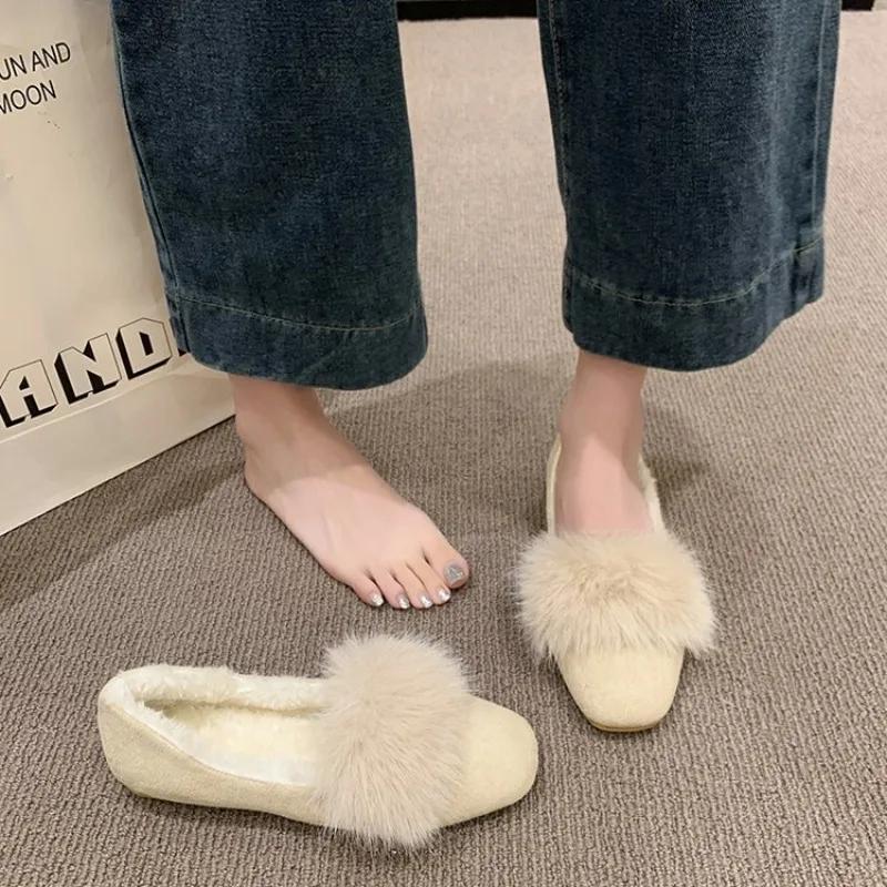 2026 New Spring Fur Lining Women Slip On Loafer Shoes Comfort Round Toe Cotton Shoes Street Style Outdoor Dress Flats Shoes