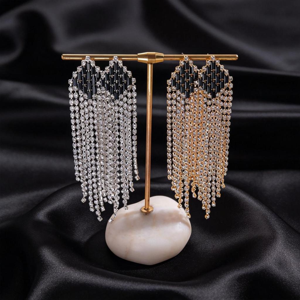 Silver Needle Luxury Zircon Rhinestone Tassel Earrings - Diamond-shaped Niche Studs for High-End Style