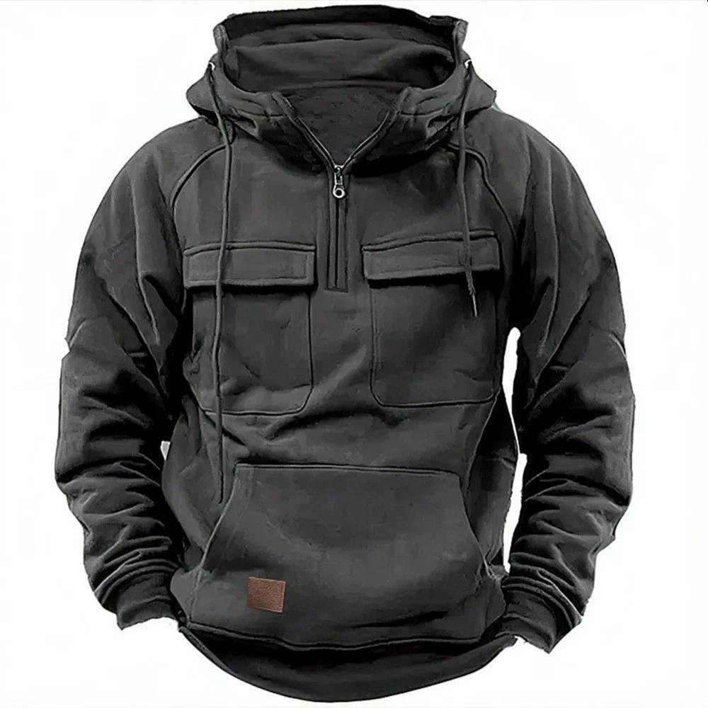 Spring and Autumn Men's Multi Pocket Casual Hoodie Hooded Sweatshirt Zipper Pullover Sports