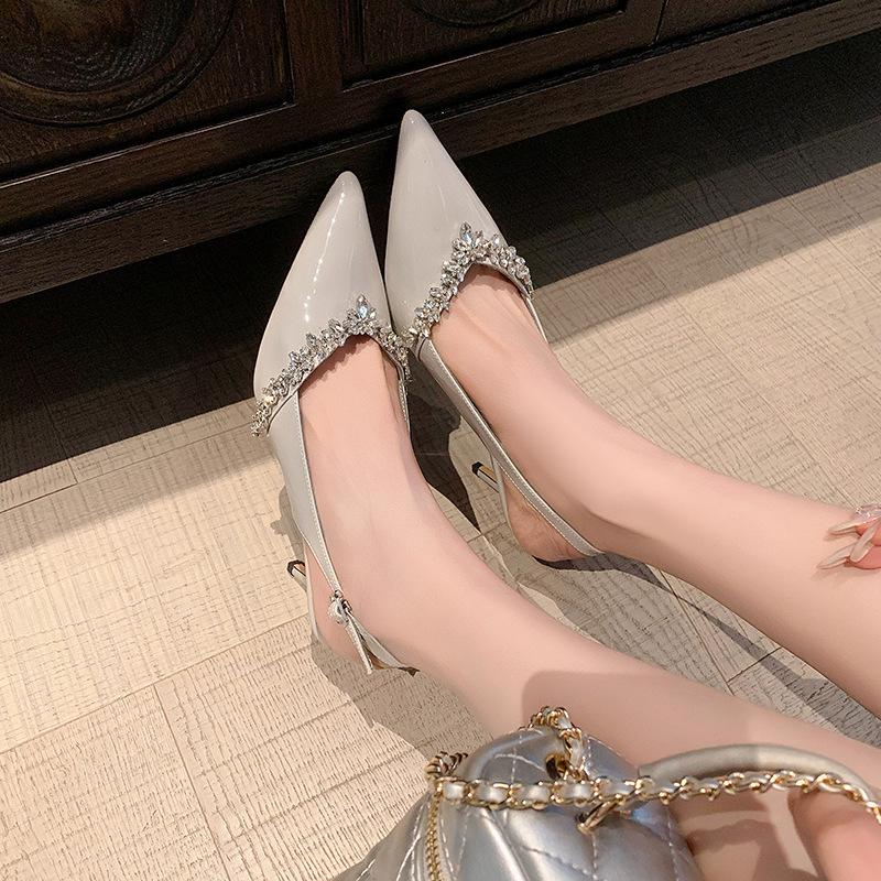 2025 New Summer Word with Nude High Heels Pointed Sexy Rhinestones Beautiful Temperament Versatile Sandals Women