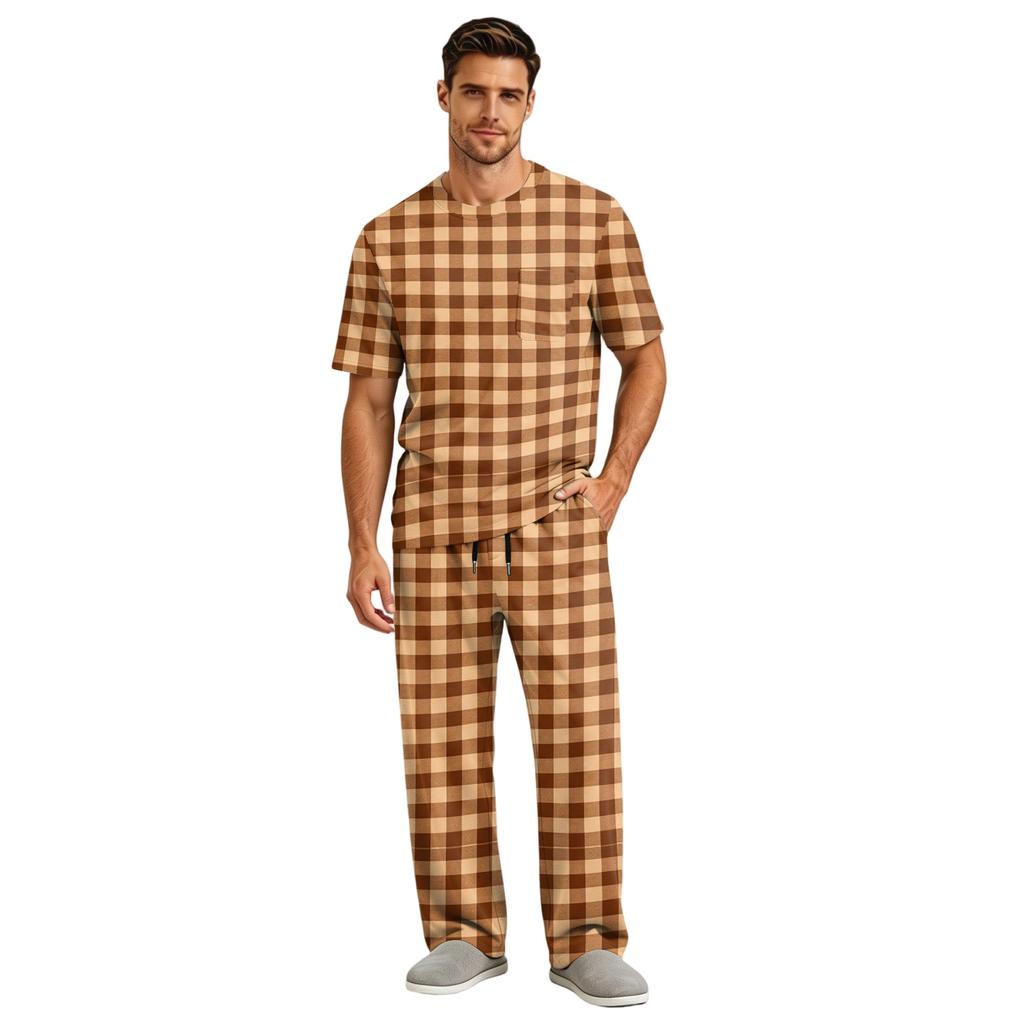 Men's Short Sleeve Pajama Set with Button Fly and Elastic Drawstring Waist for Home Loungewear