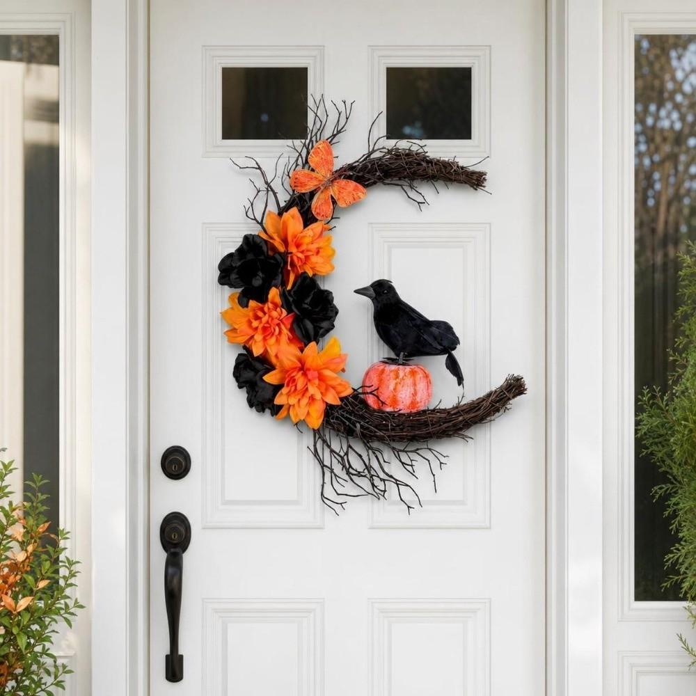 Hanging Ornaments Halloween Wreath Plastic Halloween Decoration Cat Crow Wreath Window Wall Decor