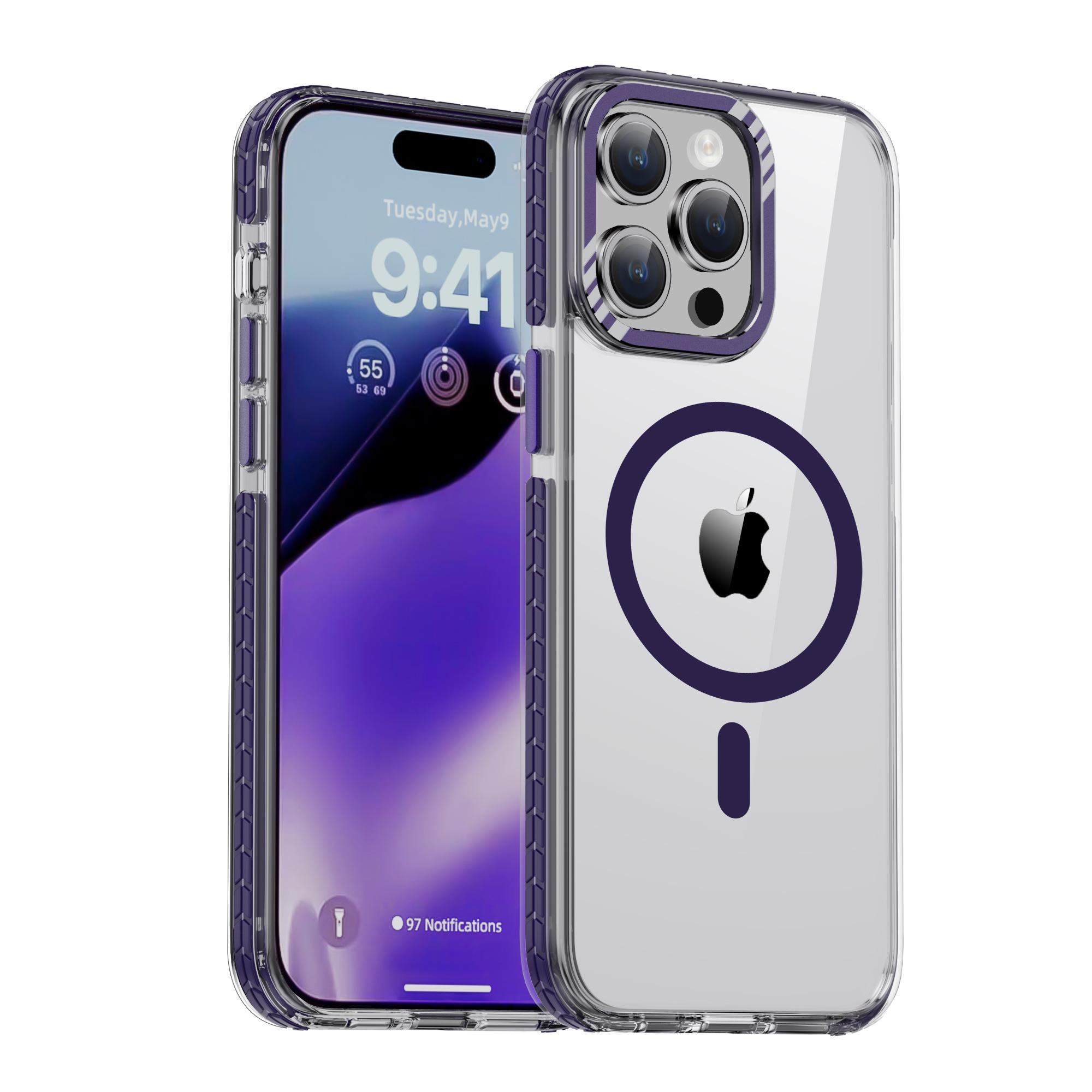 

Протиударні броньовані магнітні чохли MagSafe для iPhone 15 14 Pro Max 15Plus Металевий чохол із лінзами Прозора захисна кришка з ТПУ проти падіння For iPhone 14 Plus фіолетовий