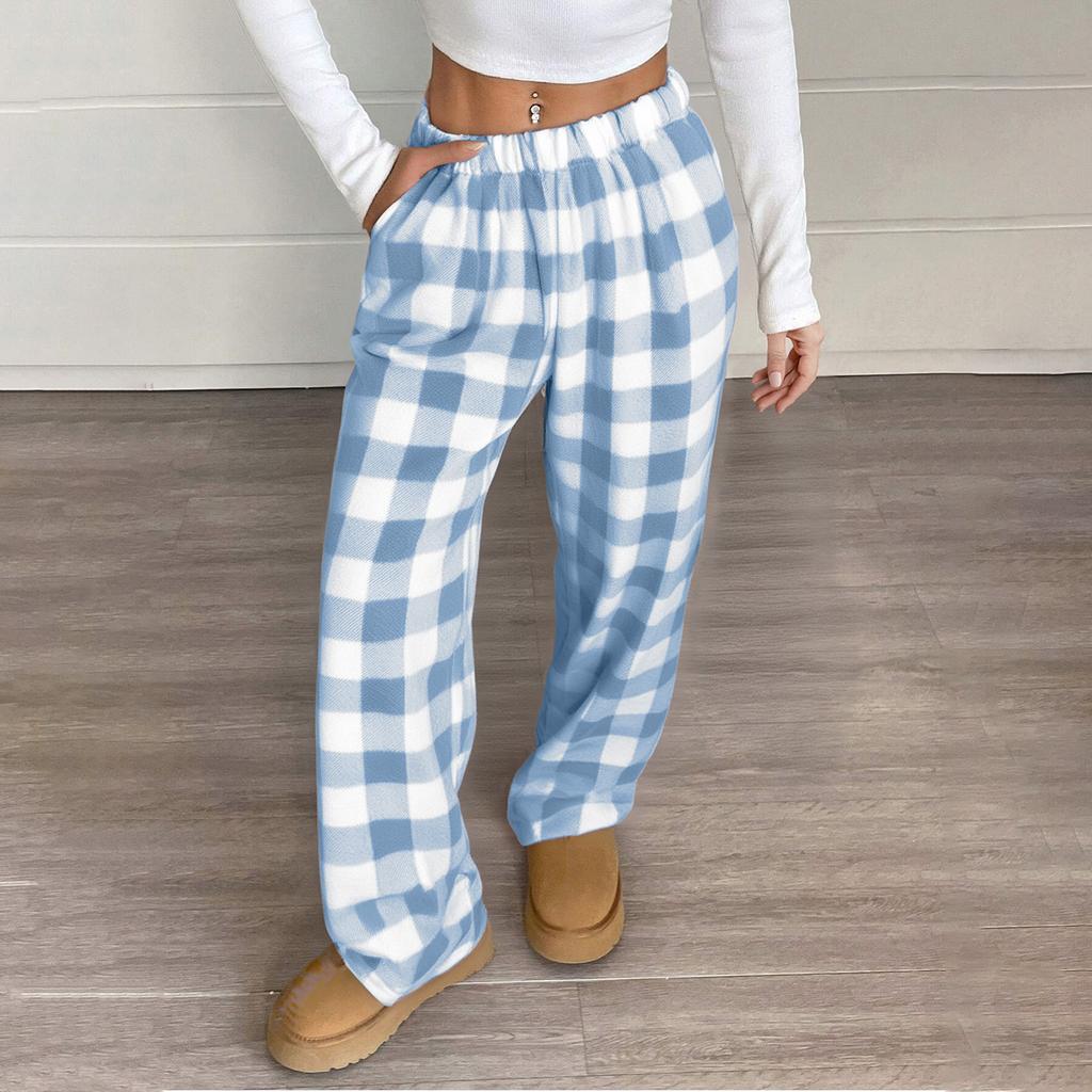 Women’s Plaid Pattern Loose Fit Lounge Pants with Elastic Waistband and Side Pockets for Daily Wear and Relaxation