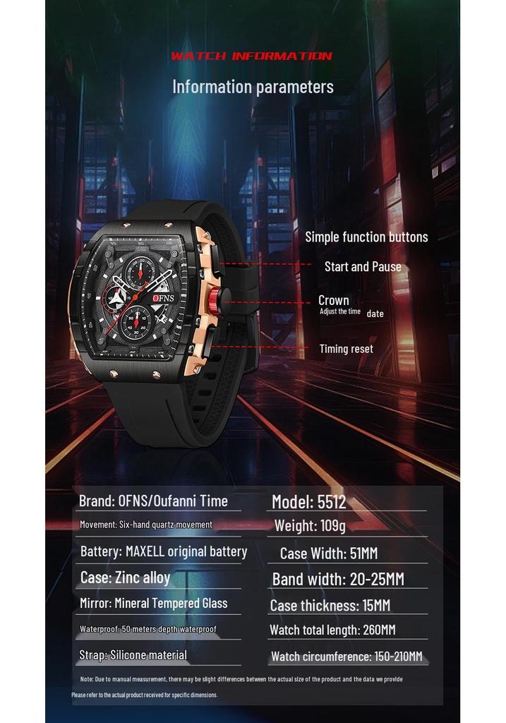 Men's Barrel-Shaped Multifunction Quartz Chronograph Watch with Calendar & Waterproof Feature