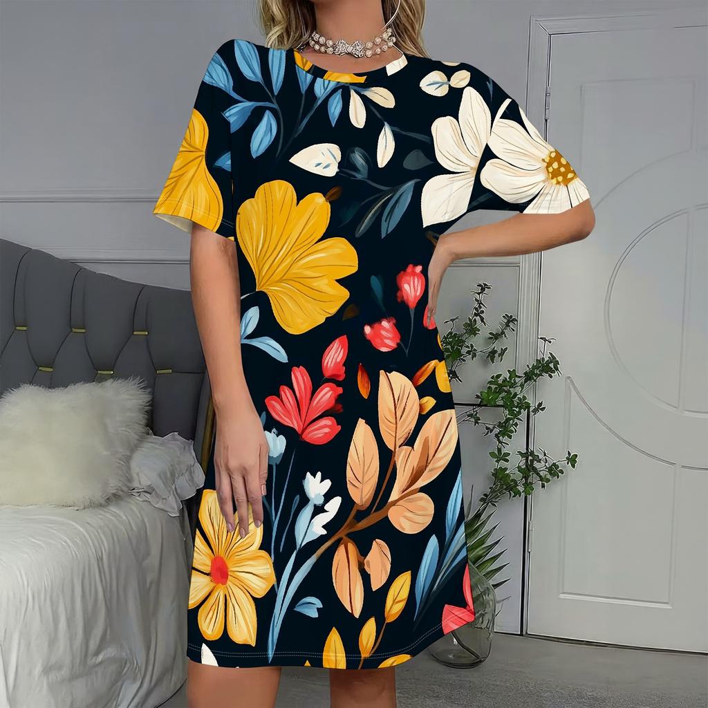 Casual Versatile Flower Short Sleeve Dress Fashion Loose Comfortable Casual Dresses