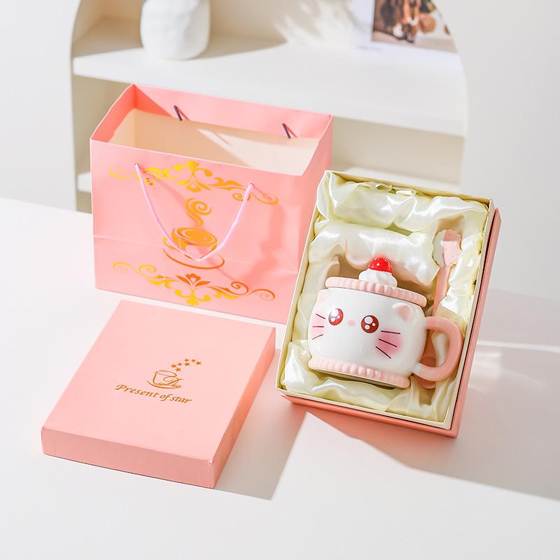 Creative Cute Cartoon Ceramic Mug Pink Girl Heart Gift Cup Water Cup with Lid Spoon Pig Cat Cup
