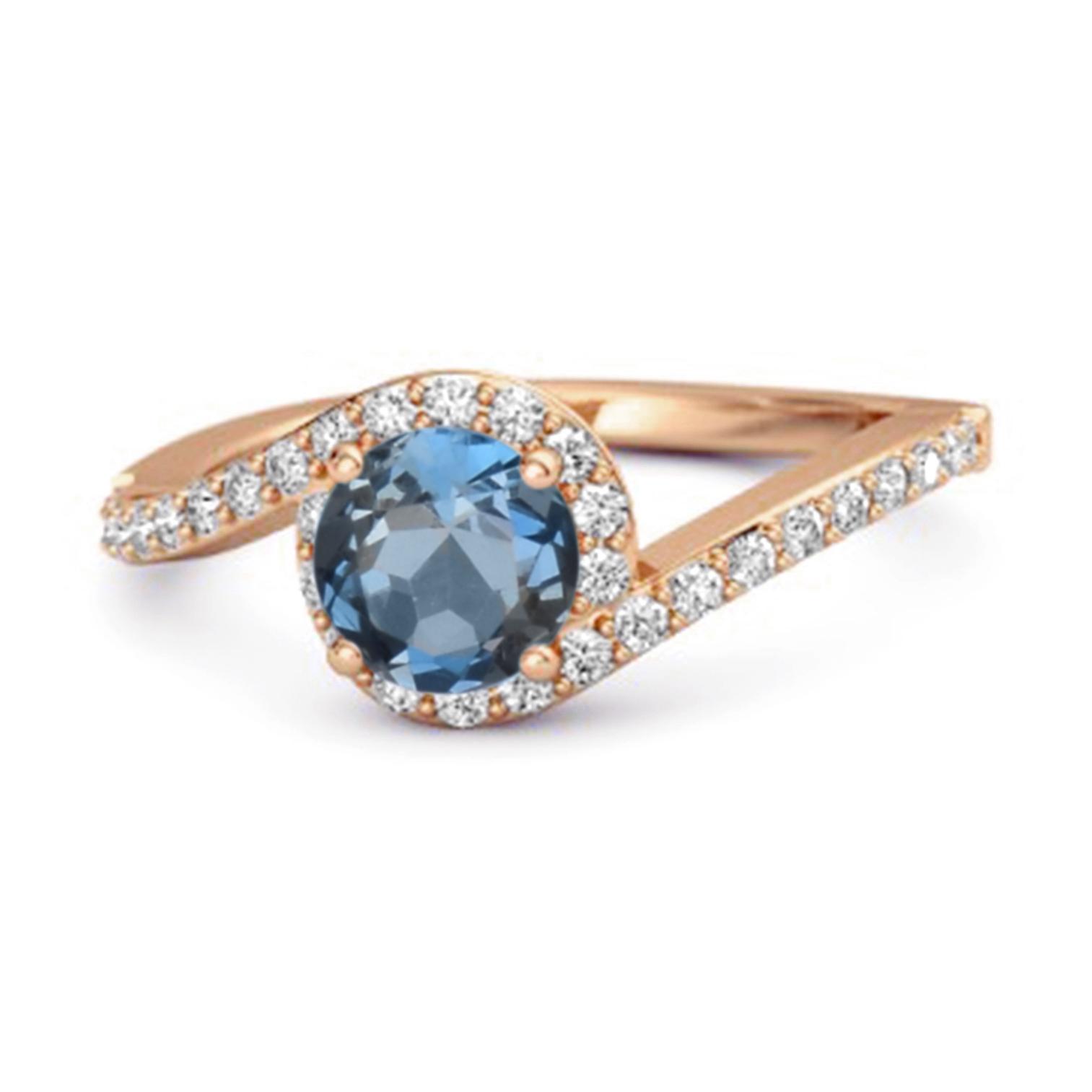 London Blue Topaz Halo Twist Pave Band Ring - 925 Sterling Silver Rose Gold Vermeil 6