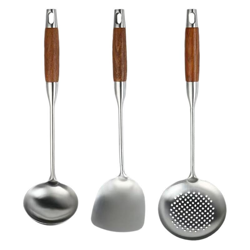 New Chinese Style Stainless Steel Kitchenware Set: Wooden Handle Spatula, Ladle, Colander, Spoon, and Pot Spoon - Anti-Scald Design