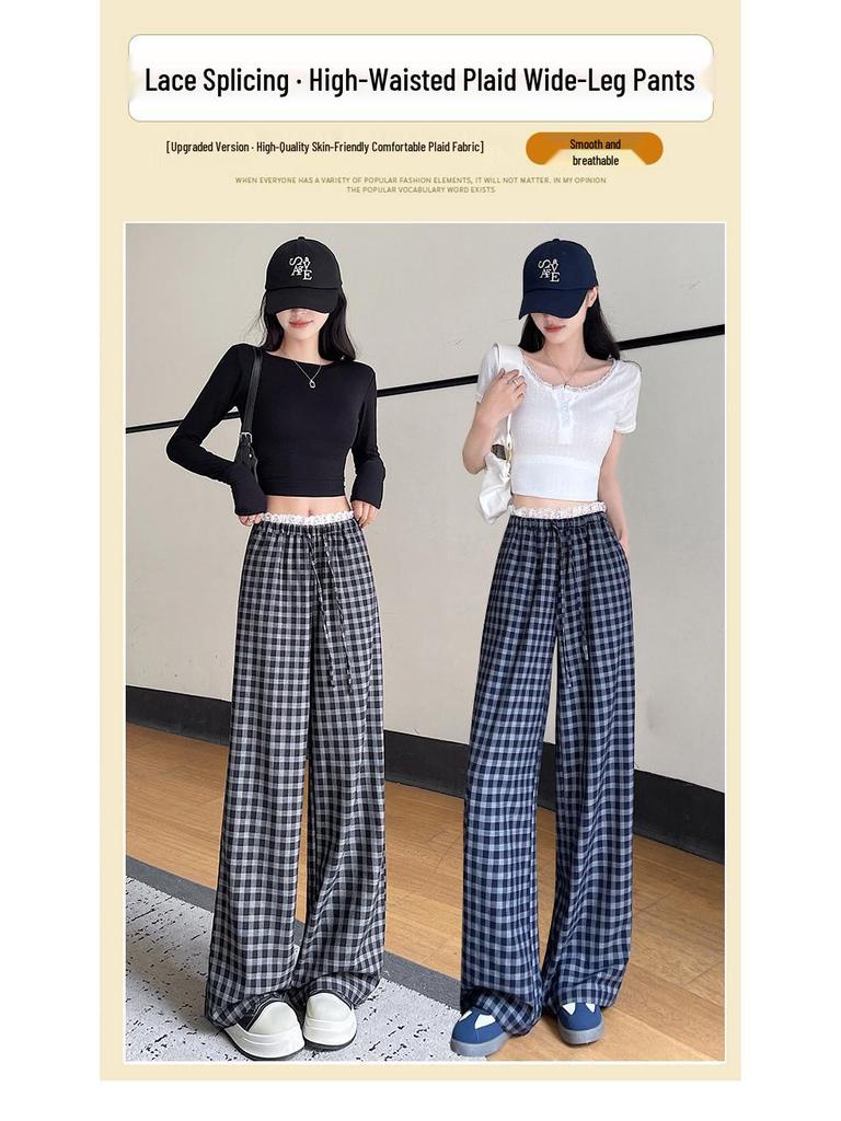 Korean Lace-Trim Plaid Wide-Leg High-Waist Pants for Women - Versatile Spring/Summer Casual Style