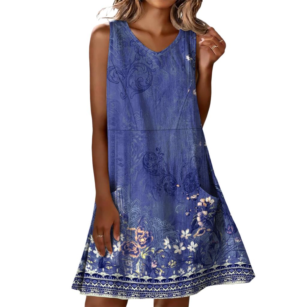 Summer Dresses For Women Loose Beach Vacation Casual Sleeveless V-neck  Sundresses With Pockets Tank Dress