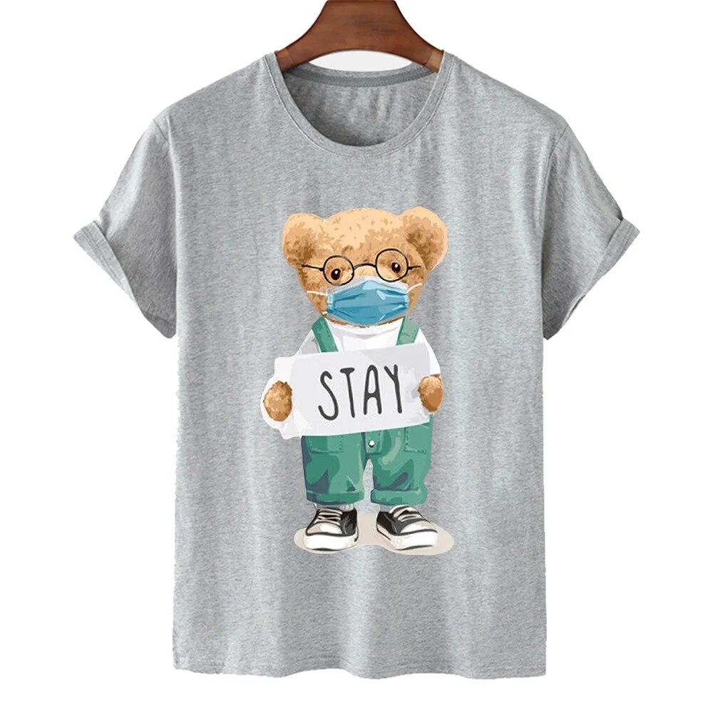 T-shirt Divertente con Stampa Orso Donna Moda Cartone Animato Harajuku Casual T-shirt Femminile Estiva Manica Corta Top T-shirt Unisex Maglietta Unisex