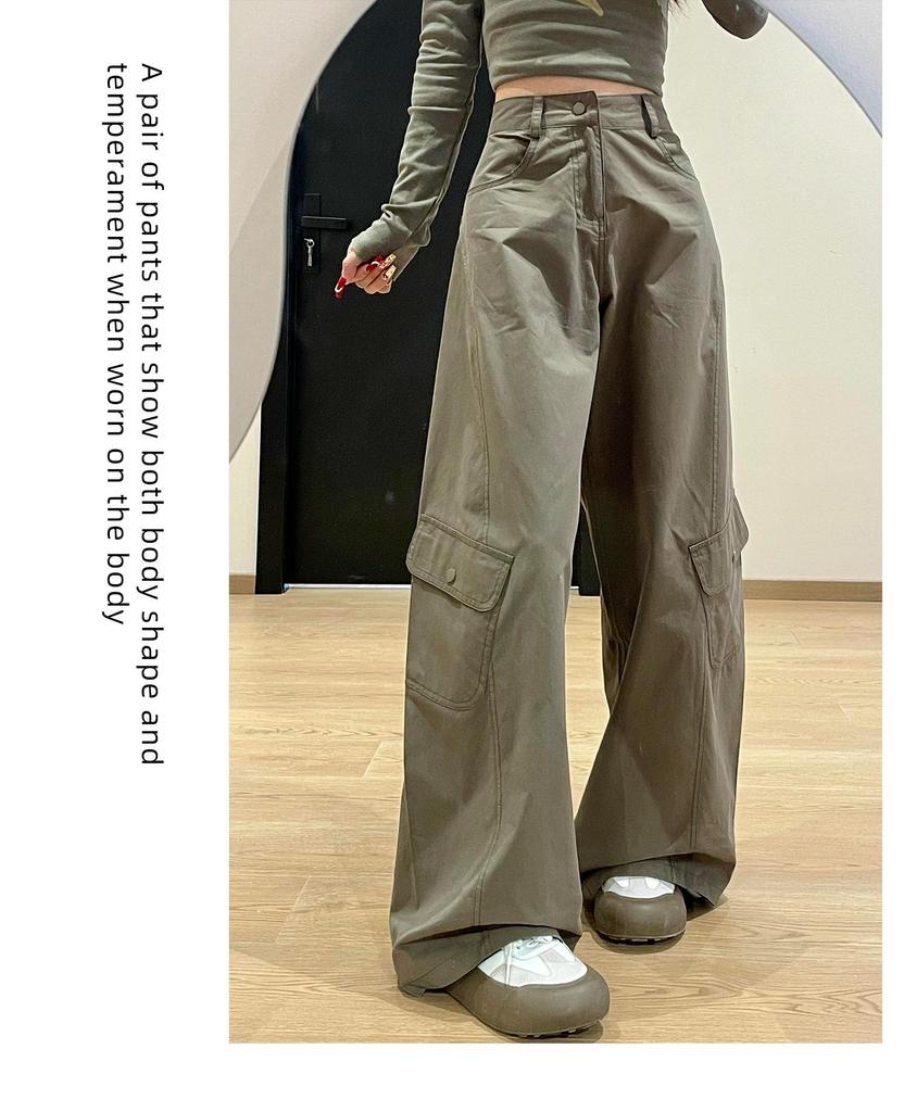 Women's Army Green High-Waisted Wide-Leg Cargo Pants - Petite, Loose-Fit, Slimming, Casual Spring 2026 Style
