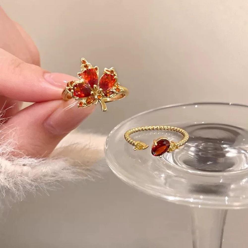 New Golden Red Zircon Maple Leaf Earrings Rings Bracelets Necklaces Women's Trendy Temperament High-end Retro Unique Jewelry