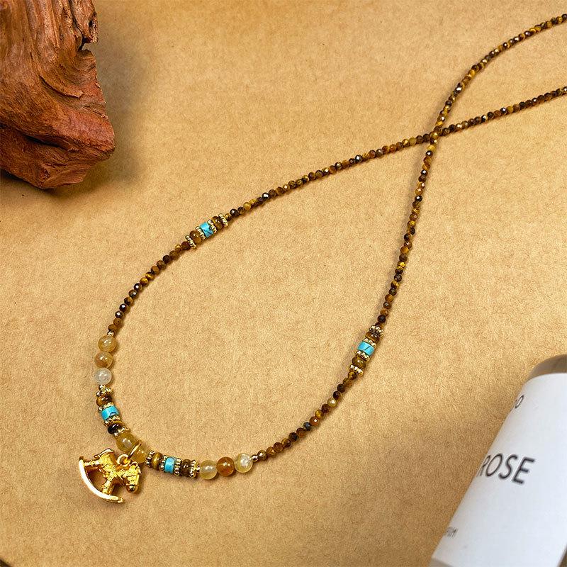 Vintage Tiger Eye Stone Necklace with Gilded Rocking Horse Pendant - 2025 Elegant Design Clavicle Chain.