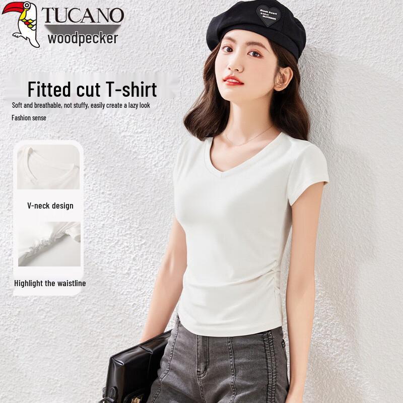 

Woodpecker Women s V-Neck Slim-Fit Pleated T-Shirt 2XL