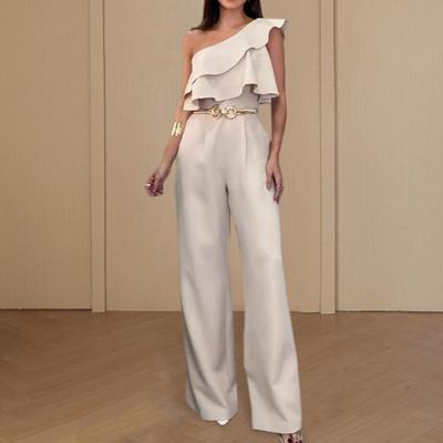 Tuta estiva da donna con volant senza maniche a vita alta gamba larga monospalla collo inclinato solido