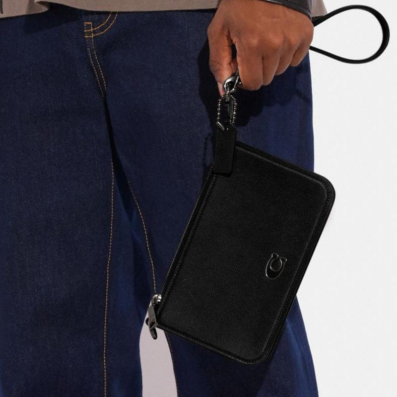 New COACH Pouch Cross Grain Leather With Canvas Clutch Handbag, Shoulder Bag Trumpets Women's Black CJ797-BLK