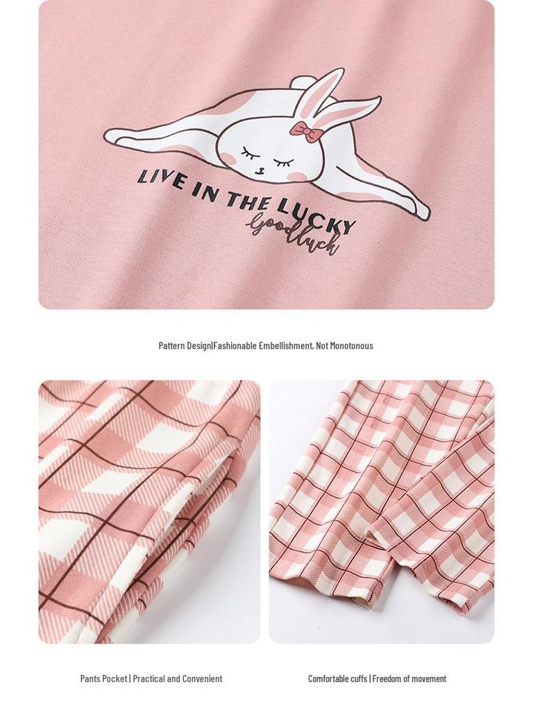 Women's Summer Cotton Pajamas: Short Sleeve Top & Long Pants, Stylish, Casual, Loose Fit, Plus Size, Outdoor-Friendly Loungewear