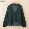 ZANZEA Women Elegant Lace Splice V-Neck See Through Long Sleeve Cover Up Blouse