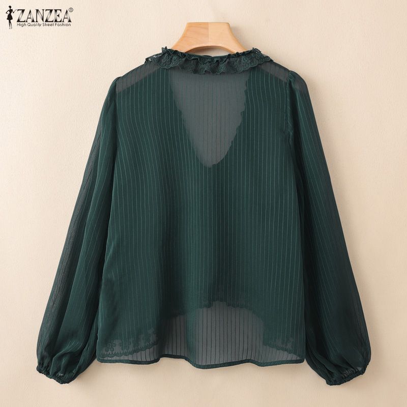 ZANZEA Women Elegant Lace Splice V-Neck See Through Long Sleeve Cover Up Blouse