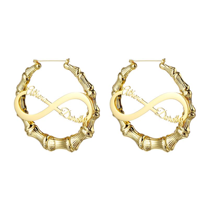Fashion Bamboo Hoop Earring Custom Stainless Steel Personalized Name Large Stud Earrings Gold Plated Women Statement Earrings