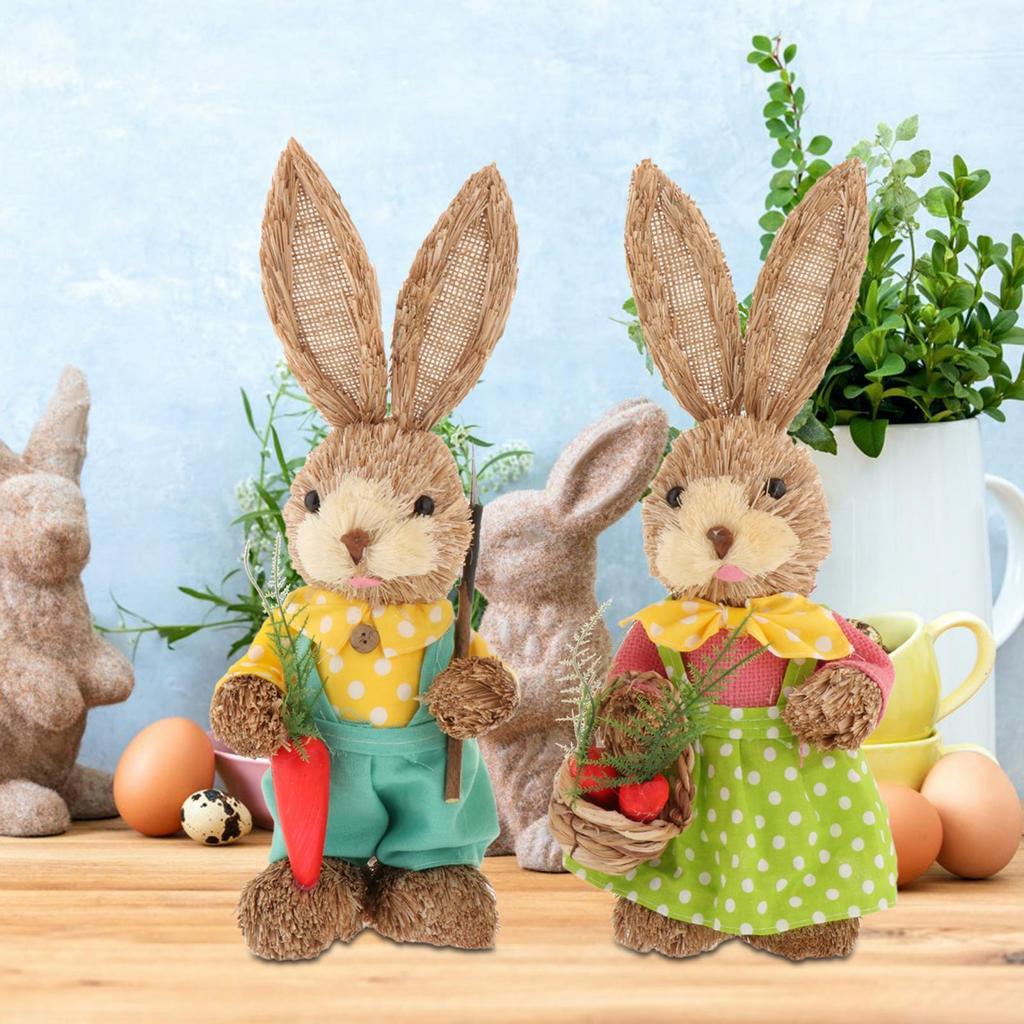 2x Artificial Straw Rabbit Souvenir Bunny Figurine Easter Straw Bunny Ornaments for Easter Holiday Party Household Decoration