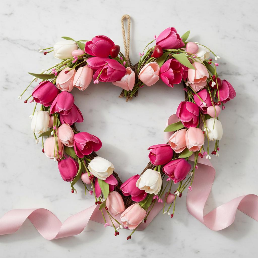Heart Shaped Wreath Festive Mother'S Day Decoration Tulip Wreath Elegant Home Decoration For Party Decoration Front Door Bedroom