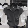 Design waist polo collar front shoulder short-sleeved women's top summer American Spice Girl v-neck slim-fit pleated gray t-shirt