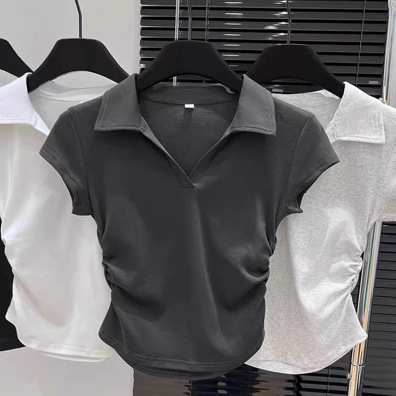 Design waist polo collar front shoulder short-sleeved women's top summer American Spice Girl v-neck slim-fit pleated gray t-shirt