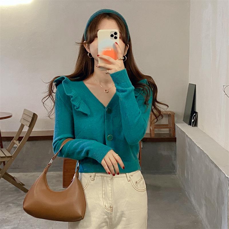 

Ladies Ruffled Edge Long-Sleeve Knitted Cardigan for Autumn/Winter One Size